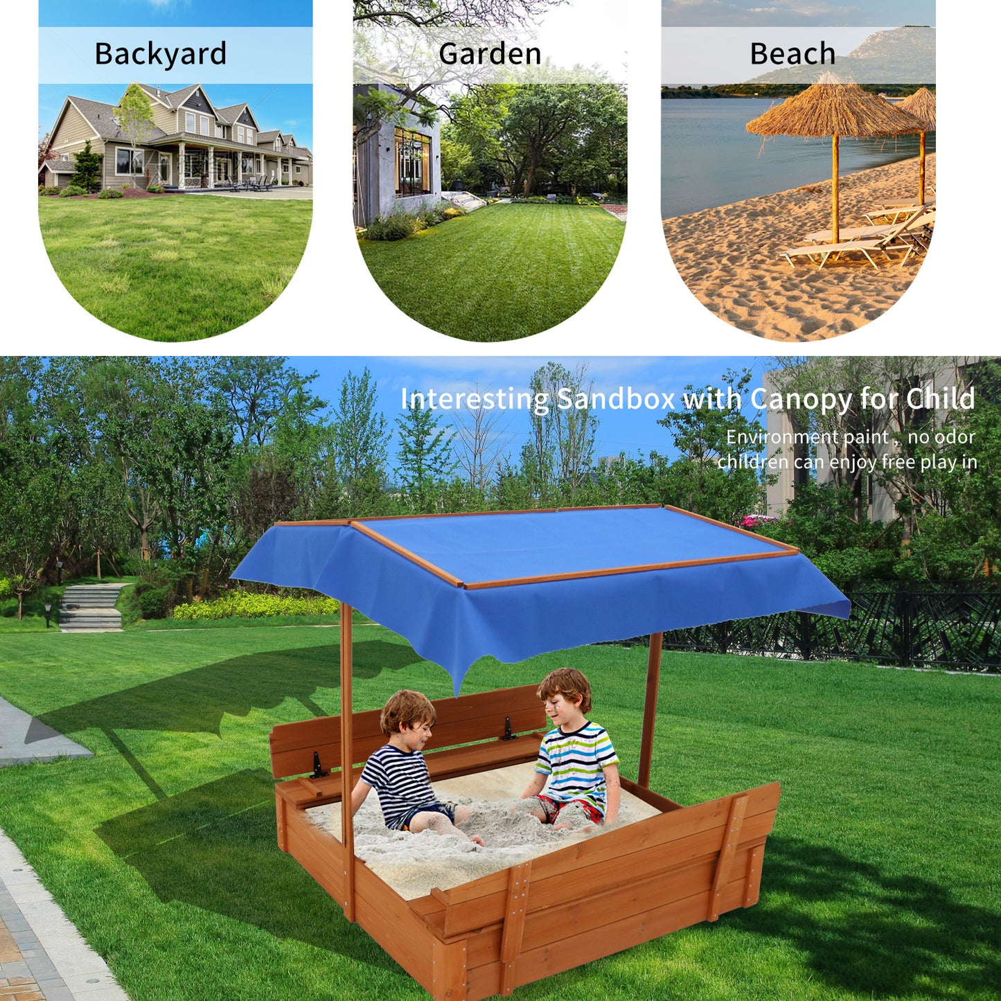 Wooden Sandbox with Adjustable Canopy and Bench Seats for Children 3-8 Years Old