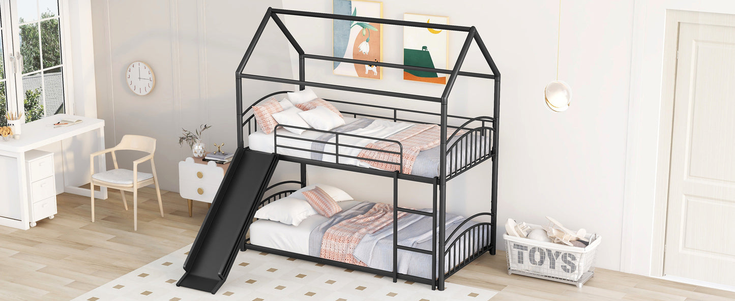 Kids Playhouse Slide Bunk Bed with Removable Roof