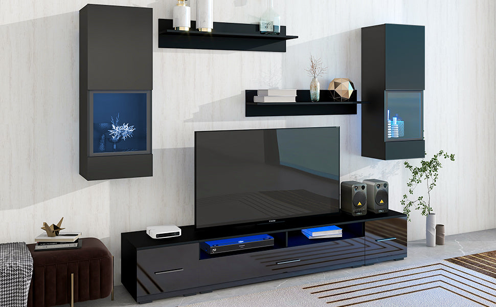 Modernized Black Floating TV Stand Set with 16-Color LED Lights for 90+ inch TV