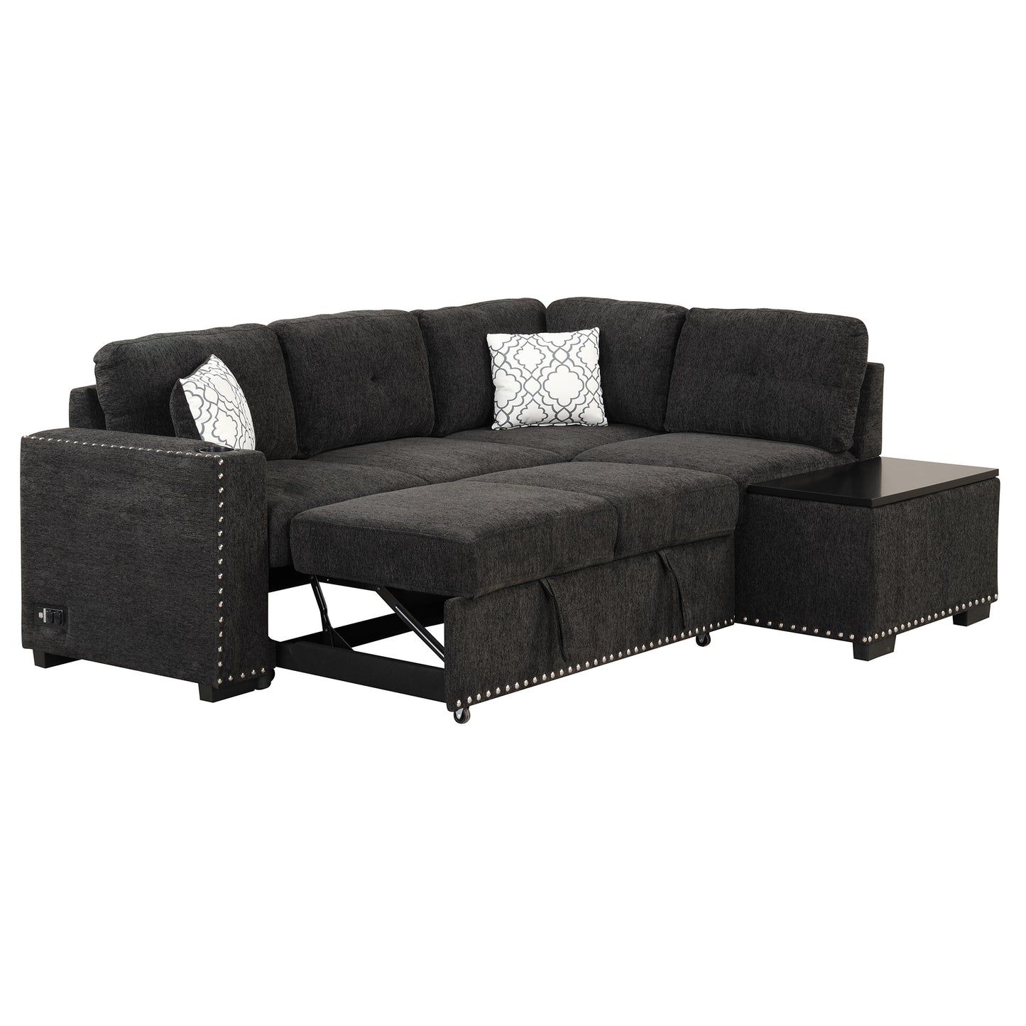 83.8 L-Shaped Reversible Sectional Sleeper Sofa with Cup Holder and USB Ports, Black