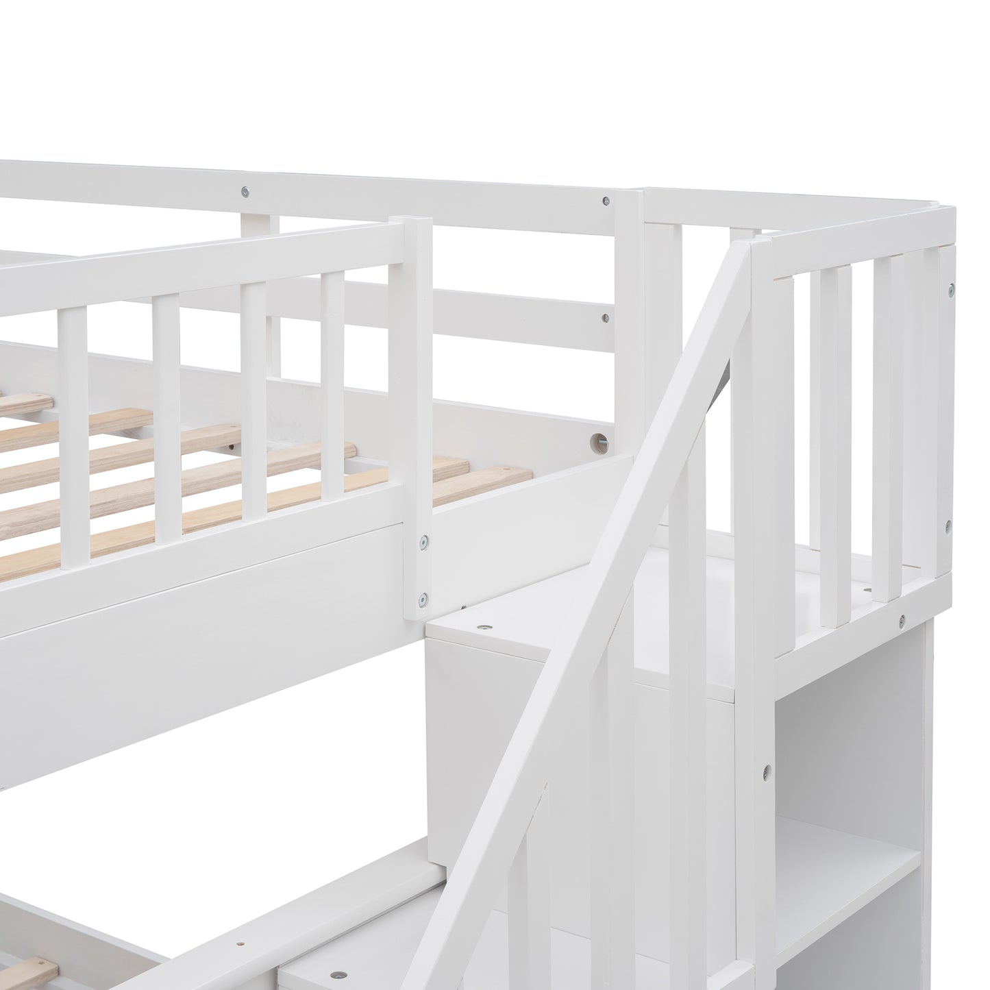 Stairway Full-Over-Full Bunk Bed with Storage, Guard Rail, and White Finish for Bedroom or Dorm with Ultimate Storage and Safety Features