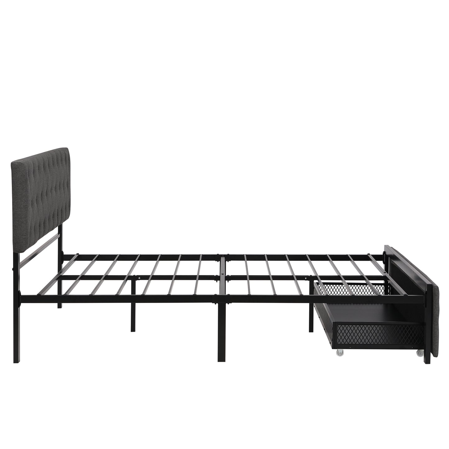 Queen Size Storage Bed Metal Platform Bed with a Big Drawer - Gray