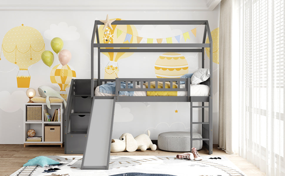 Twin Loft Bed with Two Drawers and Slide, House Bed with Slide, Gray