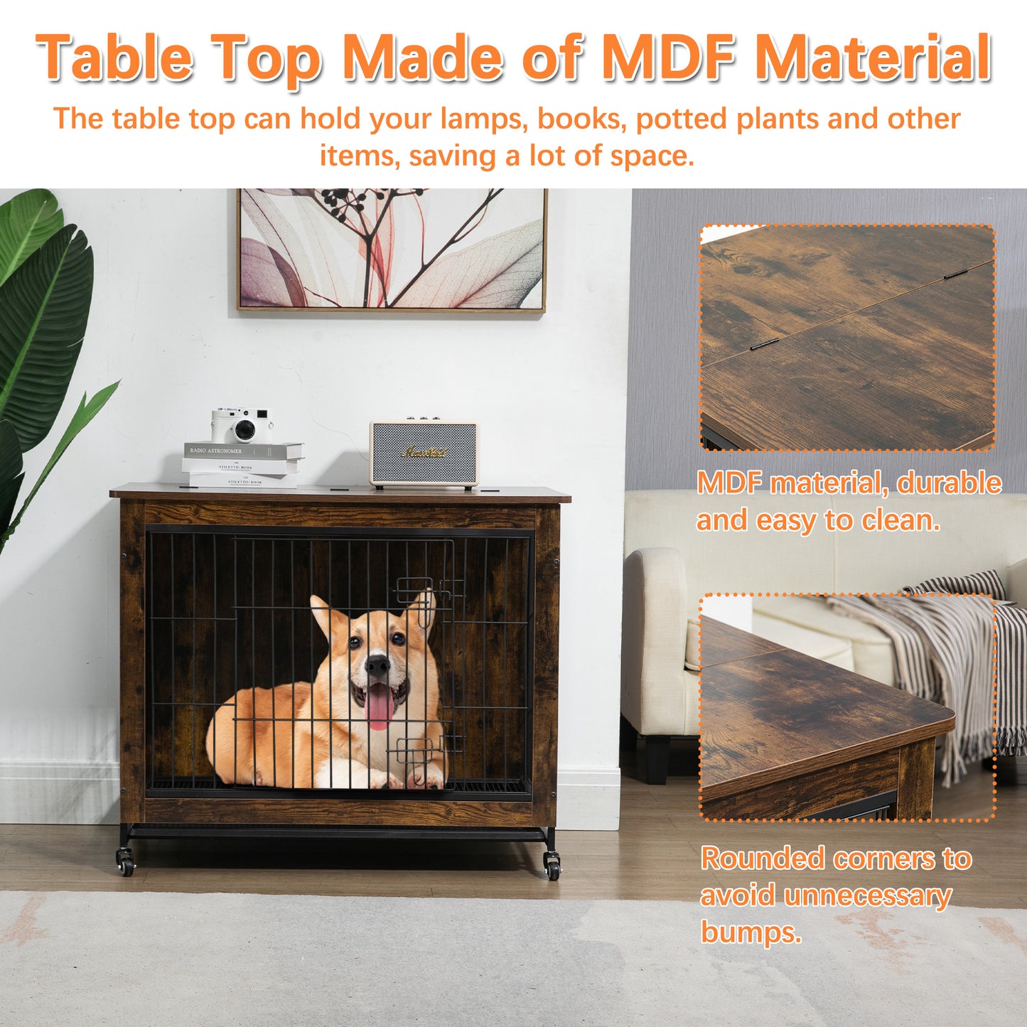 23.6"L x 20"W x 26"H Dog Crate Furniture with Cushion, Wooden Dog Crate Table, Double-Doors Dog Furniture, Dog Kennel Indoor for Small Dog, Dog House, Dog Cage Small,  Rustic Brown