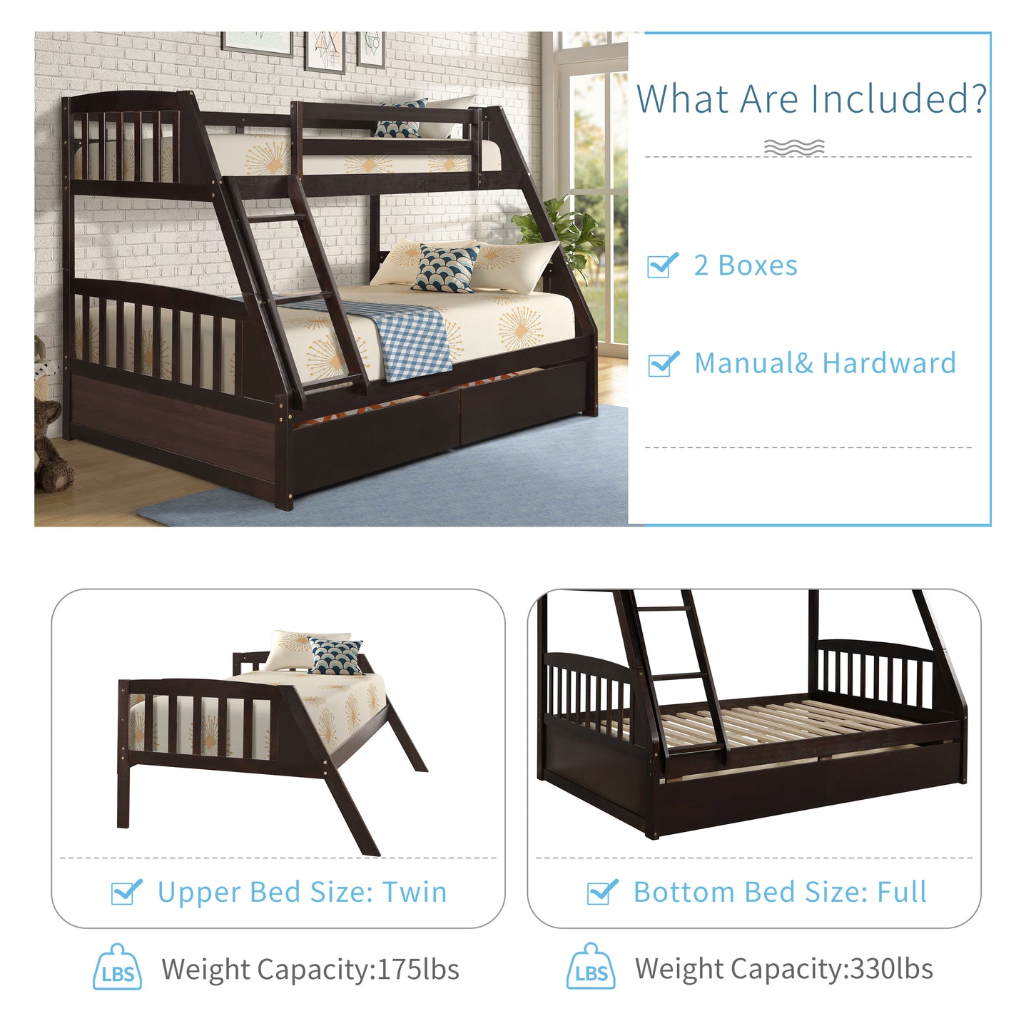 Espresso Twin Over Full Bunk Bed with Storage Drawers