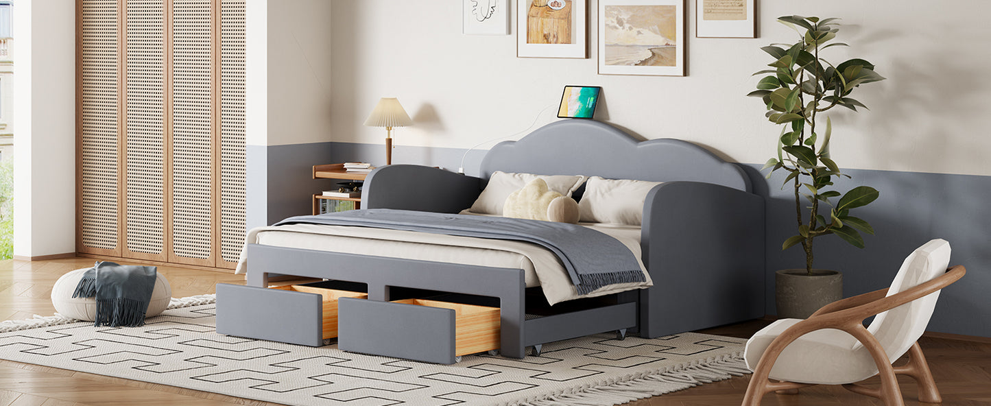 Twin Size Upholstered daybed with Cloud-Shaped Backrest, Trundle & 2 Drawers and USB Ports, Gray