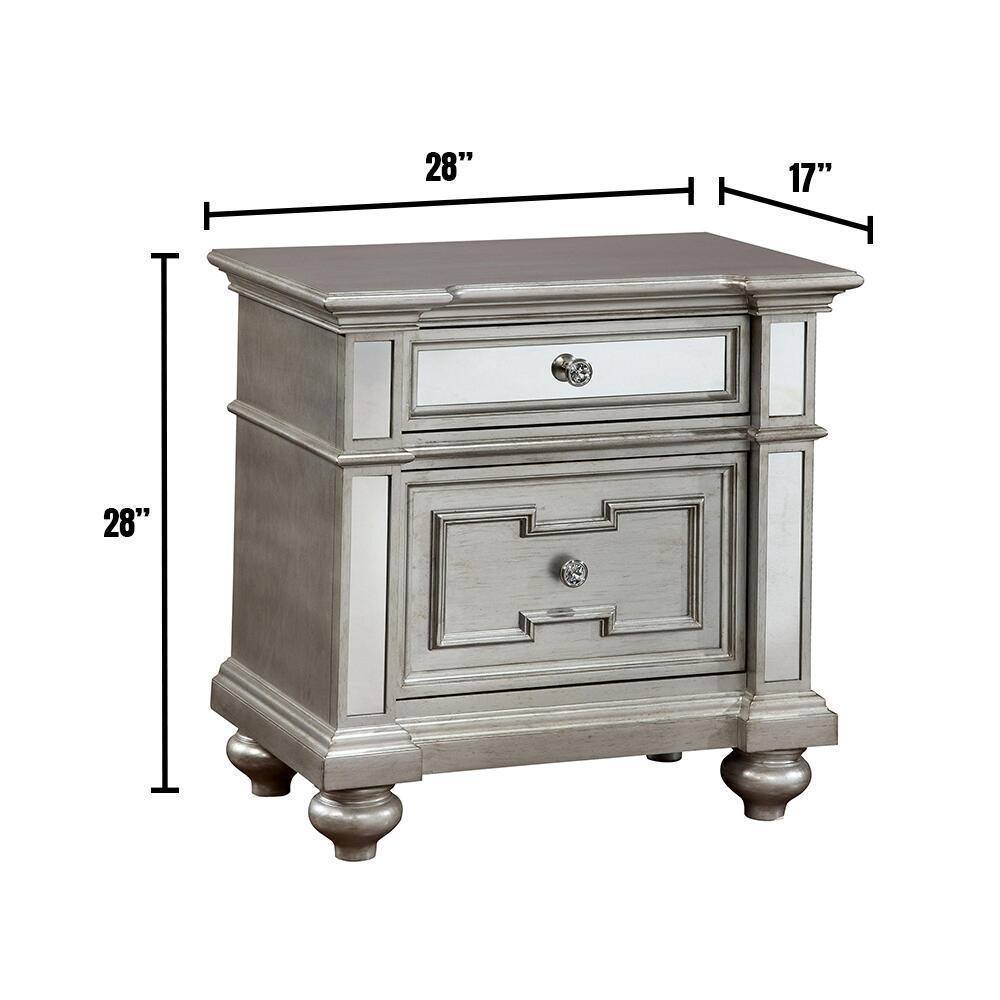 Glam 1pc Nightstand Silver Solid Wood Mirror Panel Accents Bedroom Furniture Crystal-like Acrylic Drawer Pulls Bun Feet Bedside Table