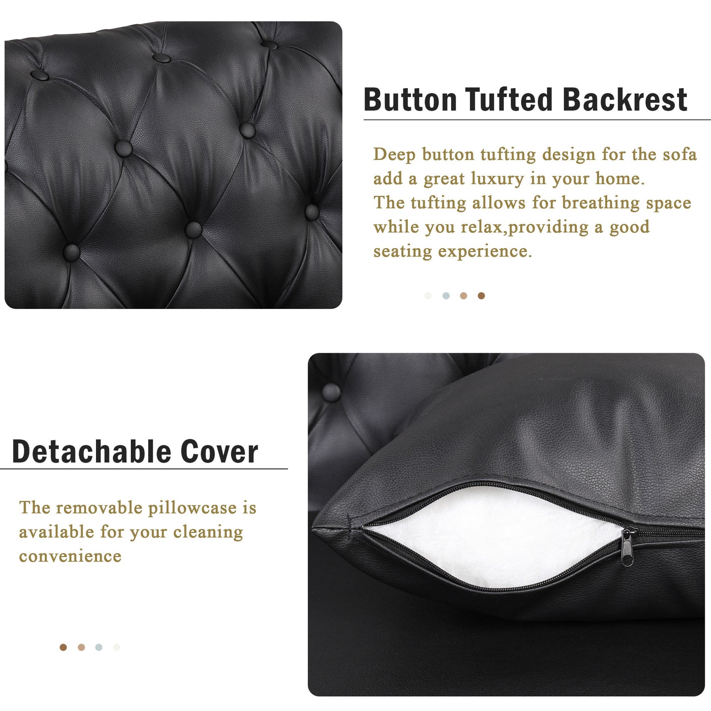 Modern Black Upholstered Sofa with Button Tufted Back and Metal Legs