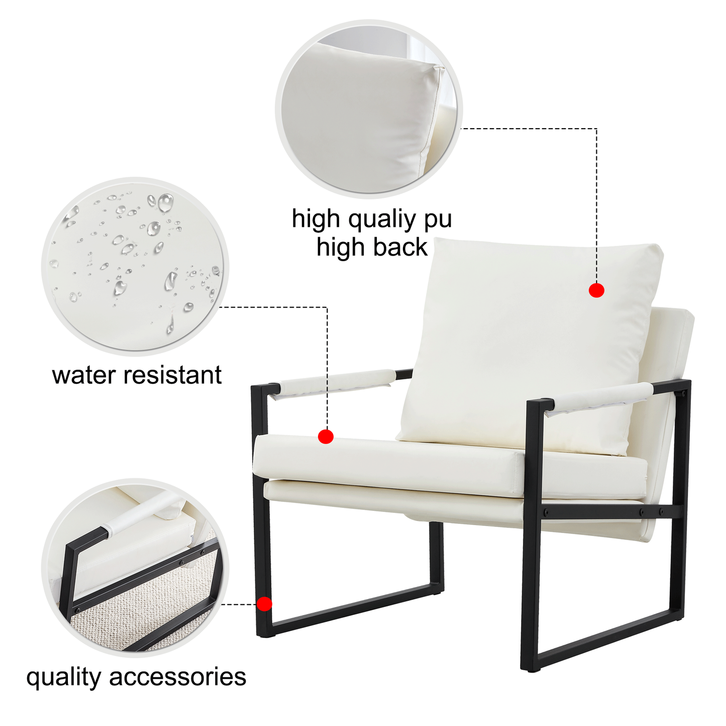 PU Leather Accent Arm Chair Mid Century Modern Upholstered Armchair with Metal Frame Extra-Thick Padded Backrest and Seat Cushion Sofa Chairs for Living Room ( White PU Leather + Metal Frame + Foam)