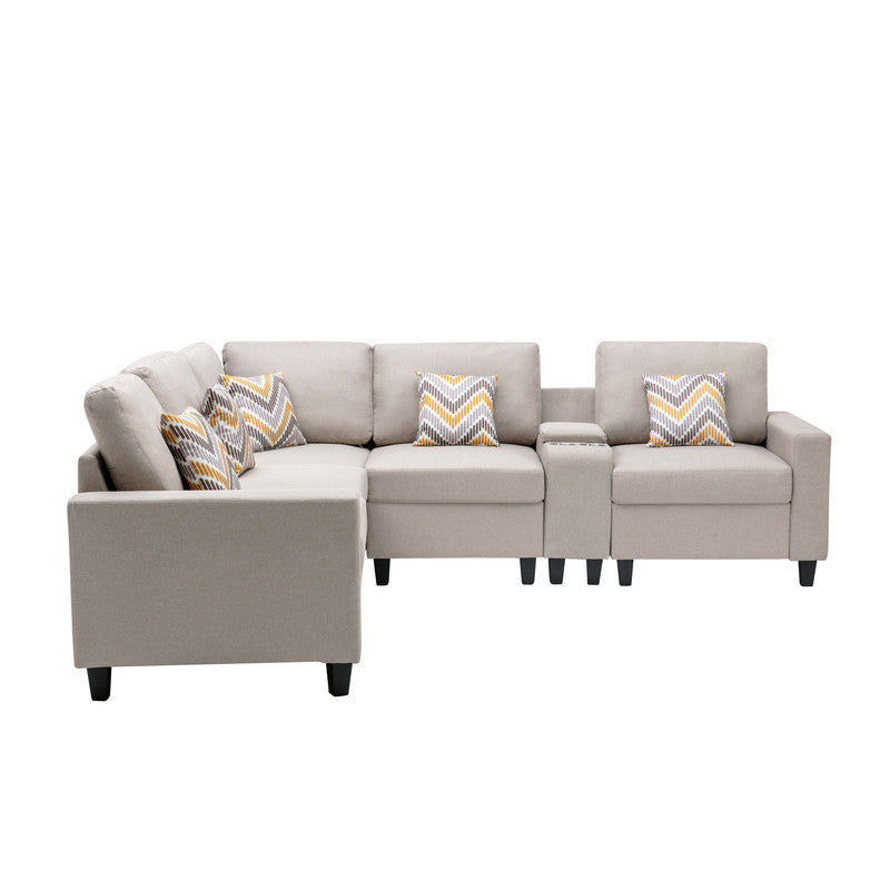 Beige Linen Fabric 6-Piece Reversible Sectional Sofa with USB, Cupholders, Storage Console Table and Pillows