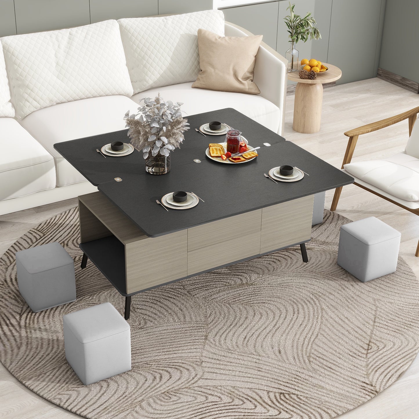 5-Piece Lift Top Coffee Table Set With Convertible Dining Table and Ottomans