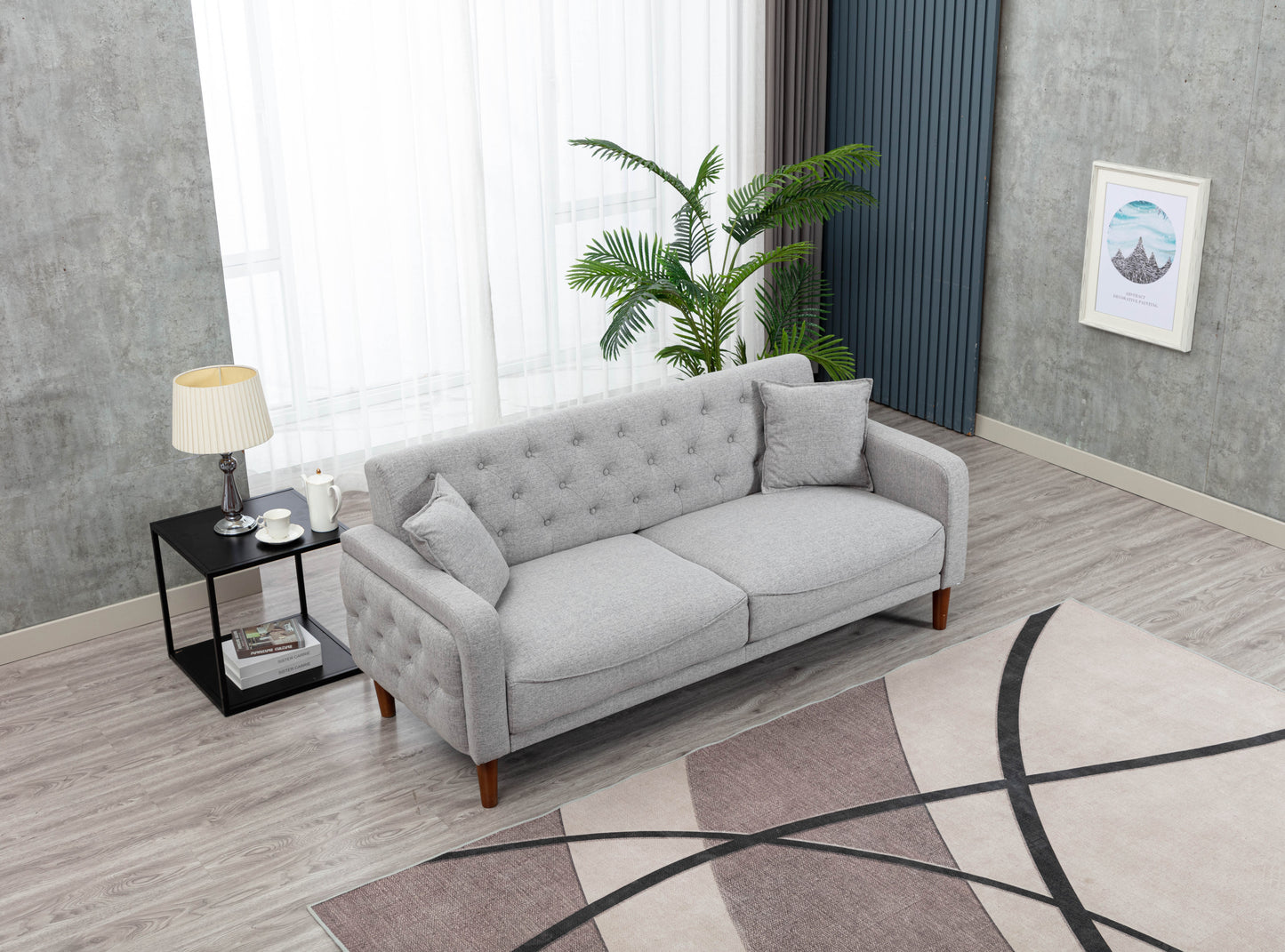 Elegant Grey Linen Sofa with 2 Pillows