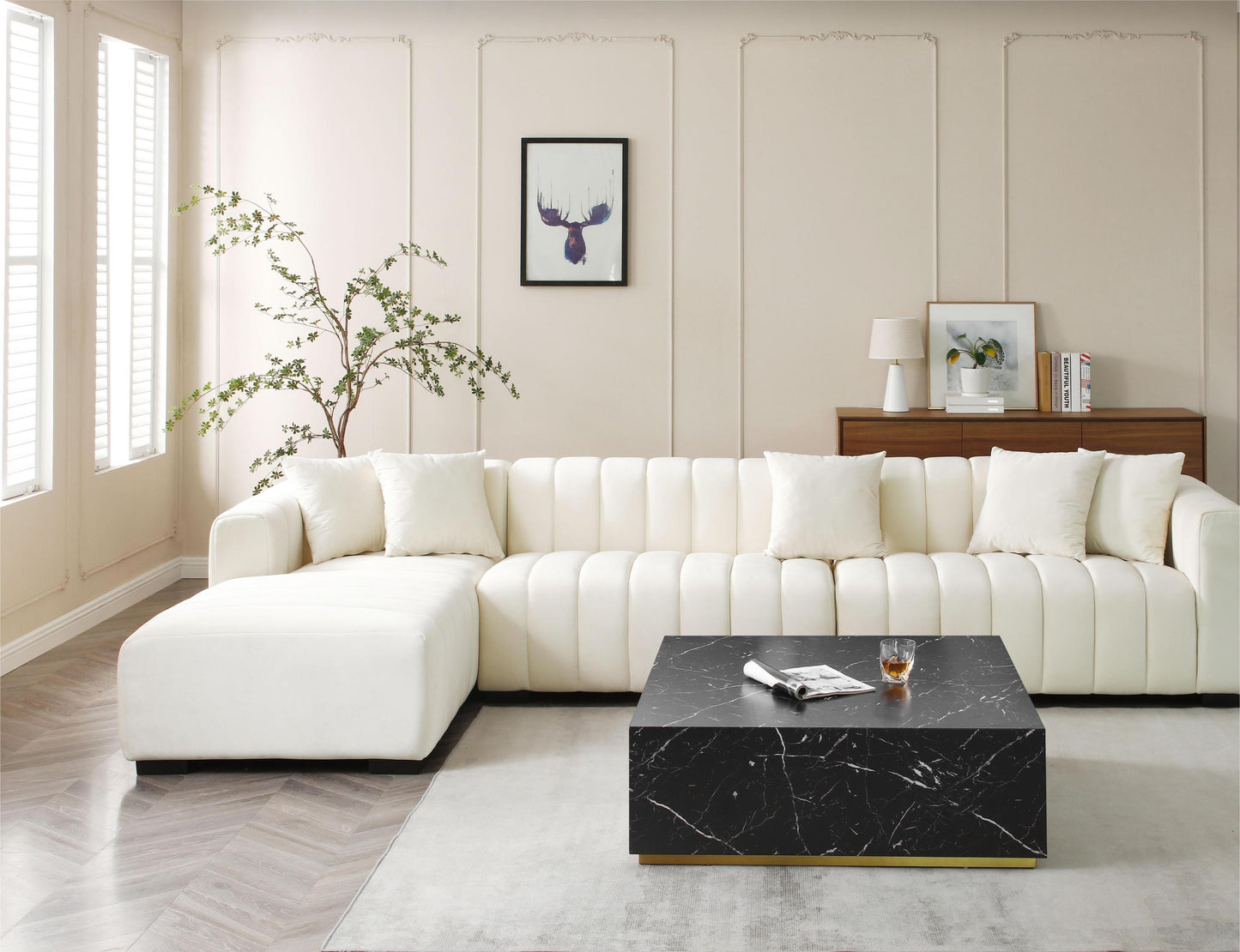 Elegant Black Marble Coffee Table with Gold Base Square Design 39.37W x 13.78H