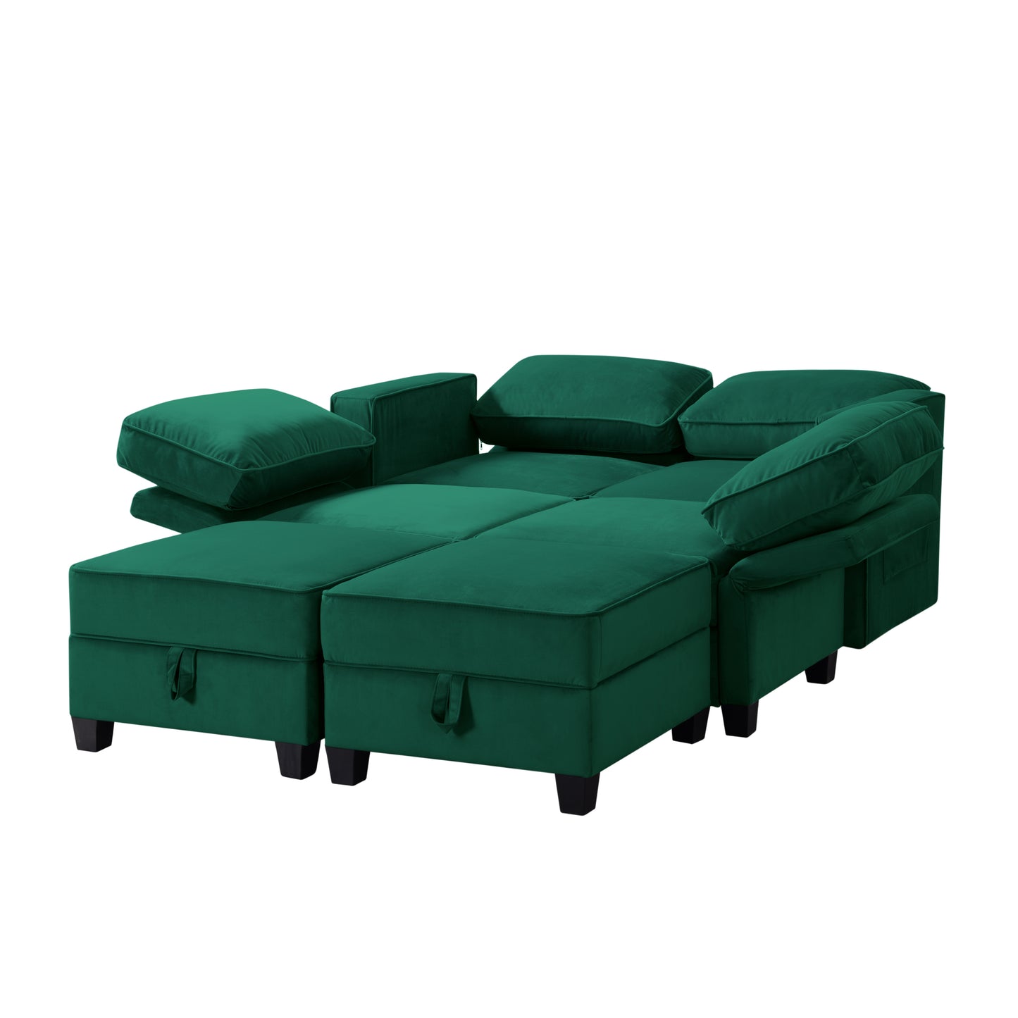 Modular Green Velvet Sectional Sofa with Ottoman and Hidden Storage