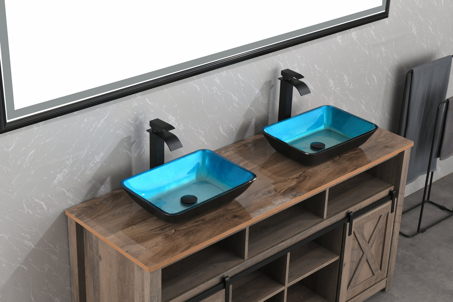 Handcrafted Turquoise Glass Vessel Bathroom Sink Set with Matte Black Faucet and Drain