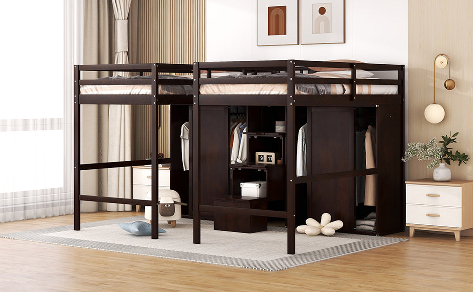 Double Twin Loft Beds with Wardrobes and Staircase, Espresso