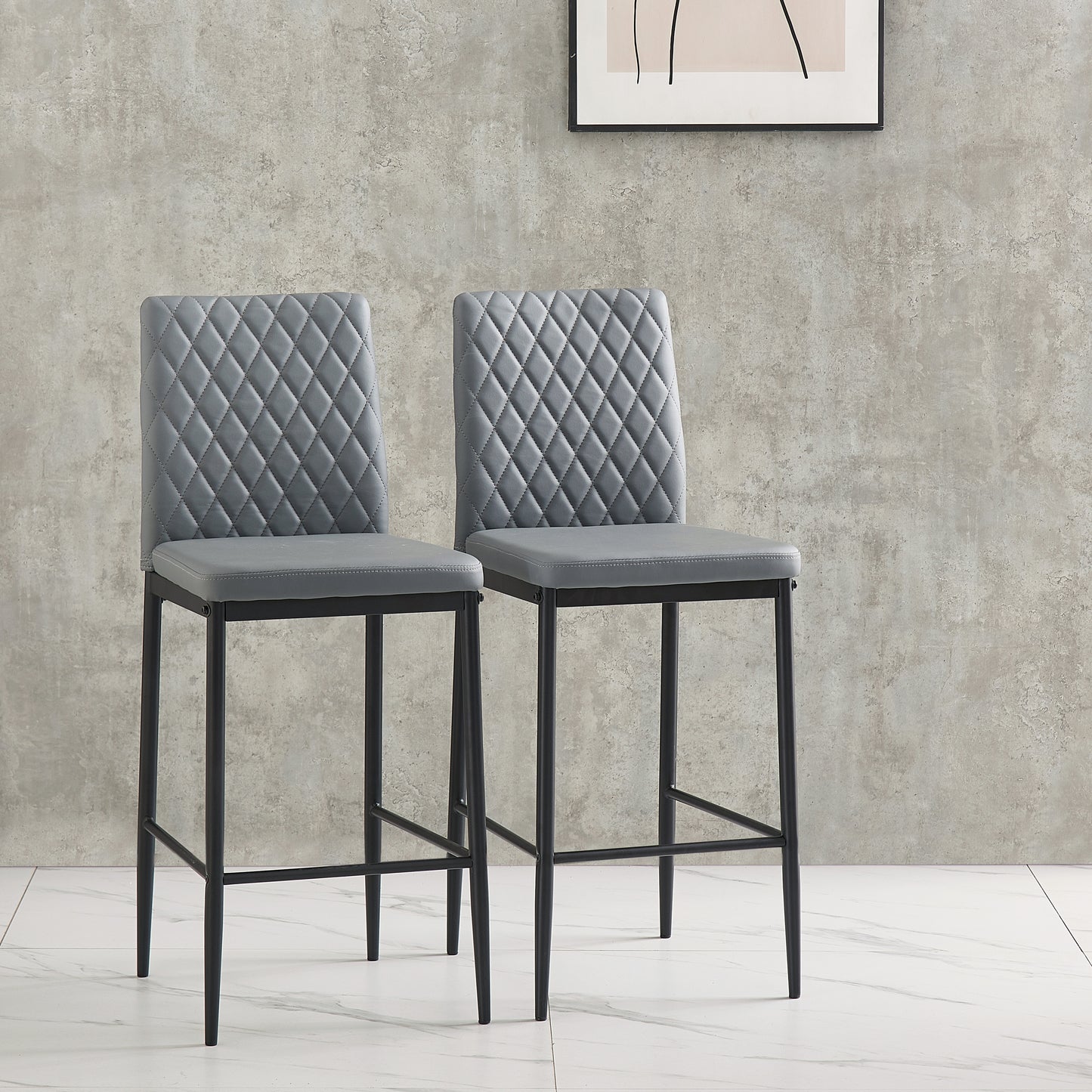 Modern Light Gray Diamond Grid Bar Chair Set with Fireproof Leather & Metal Pipes - 2-Piece