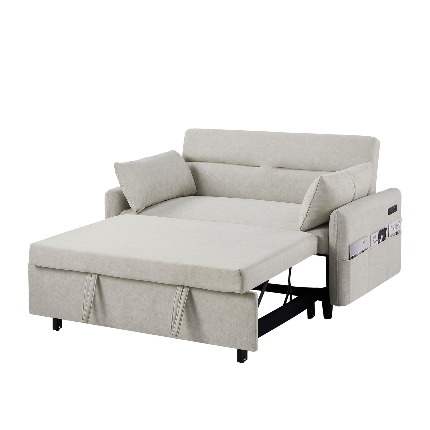 Adjustable Pull Out Sleep Sofa Bed Loveseat Couch with Storage Pockets, USB Ports, Beige