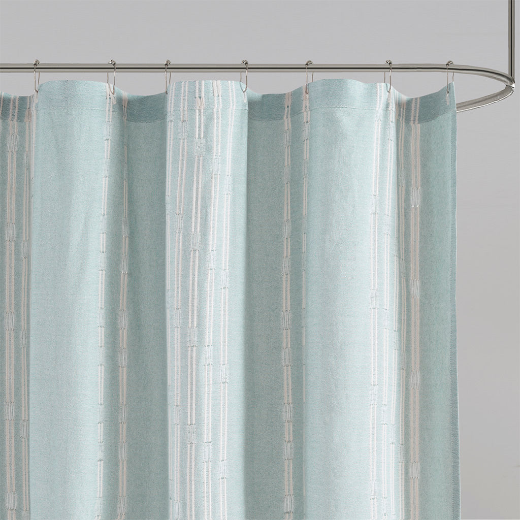 Stripe Jacquard Cotton Shower Curtain with Aqua Details