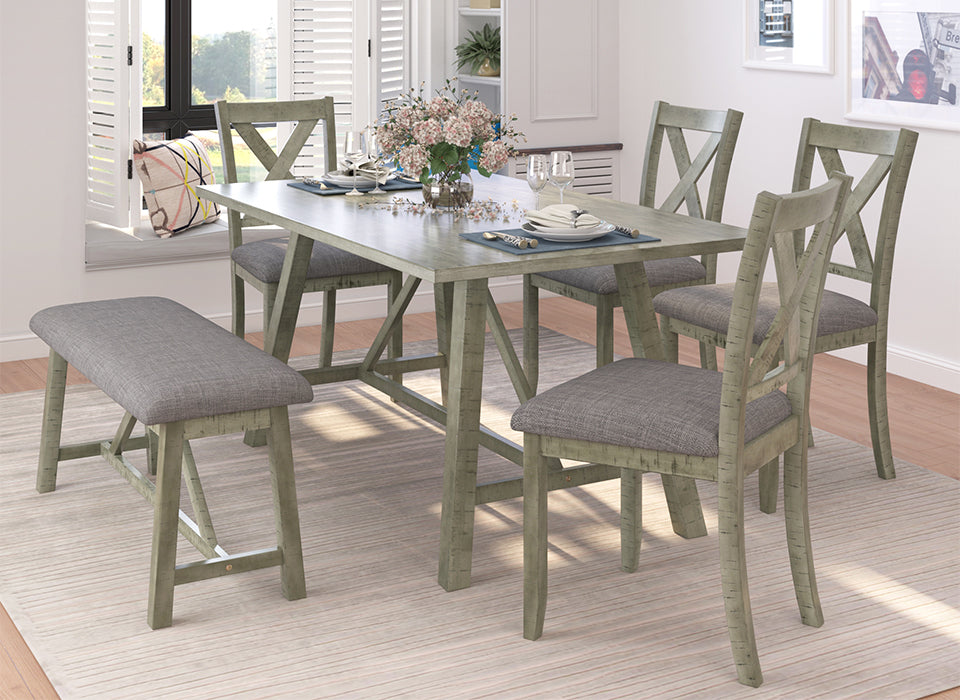 6 Piece Dining Table Set Wood Dining Table and chair Kitchen Table Set with Table, Bench and 4 Chairs, Rustic Style, Gray(No Difference with SH000109AAE)