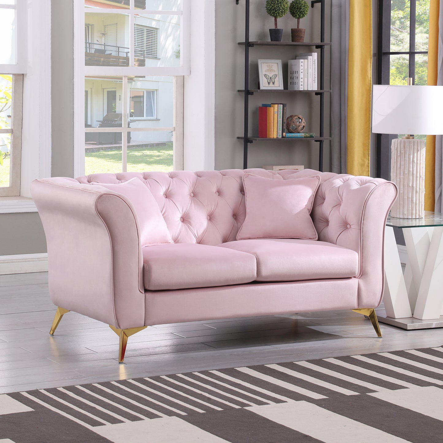 Chesterfield sofa ,Stanford sofa ,  high quality Chesterfield sofa ,Pink color , tufted and wrinkled fabric  sofa;contemporary Stanford sofa .loverseater; tufted sofa with scroll  arm and scroll back