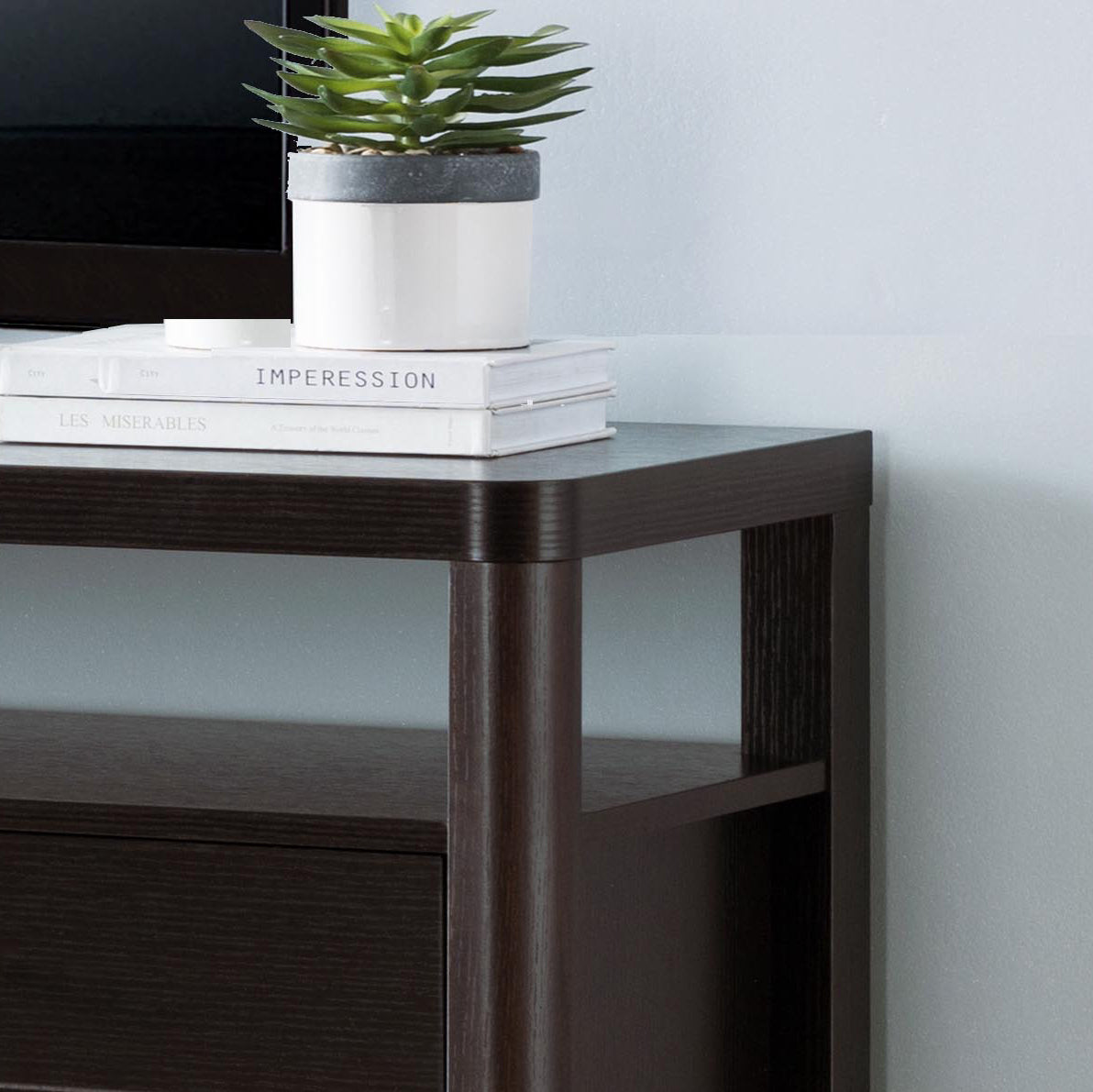 Modern Red Cocoa TV Stand and Buffet with Two-Tier Shelving and Eight Drawers.