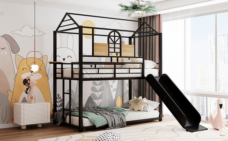 Metal Bunk Bed with Playhouse Design and Slide in Multiple Color Options