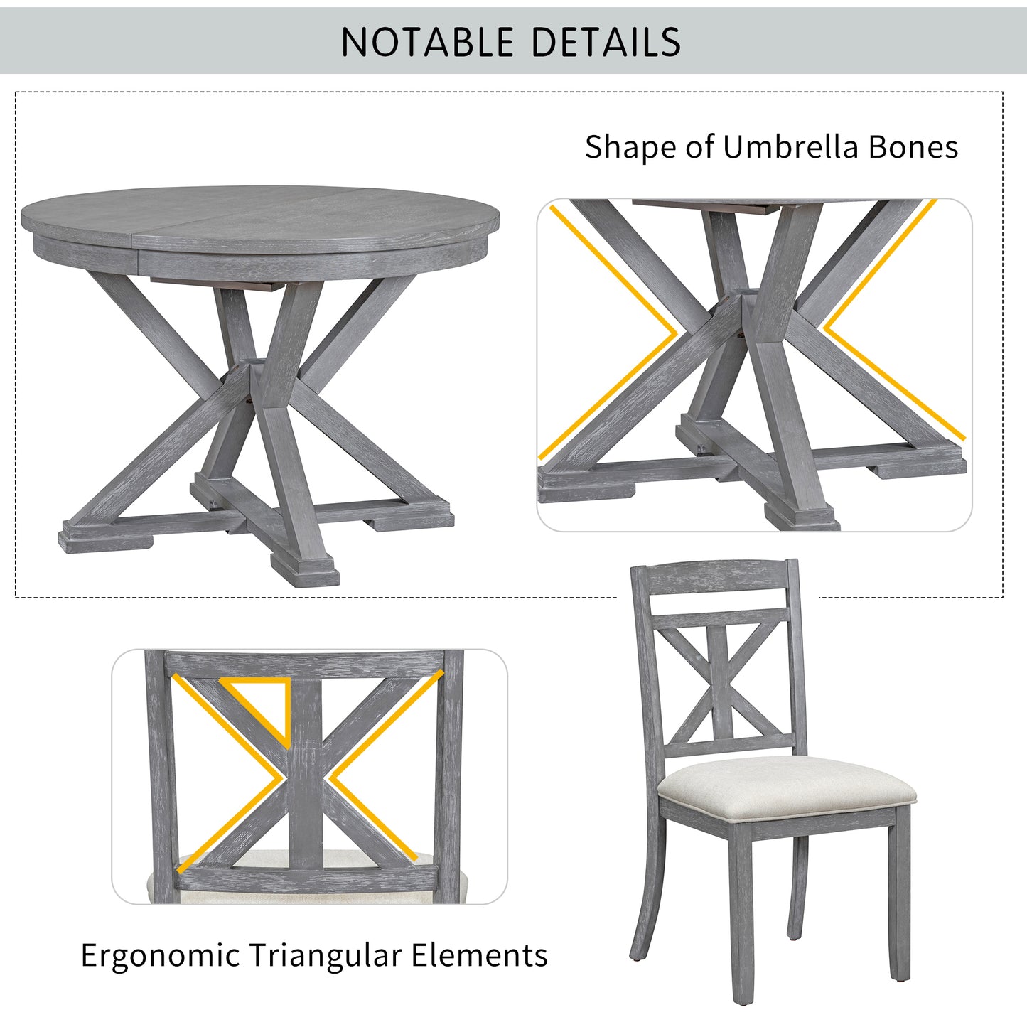 TREXM 5-Piece Retro Functional Dining Table Set Extendable Round Table and 4 Upholstered Chairs for Dining Room and Living Room (Grey)