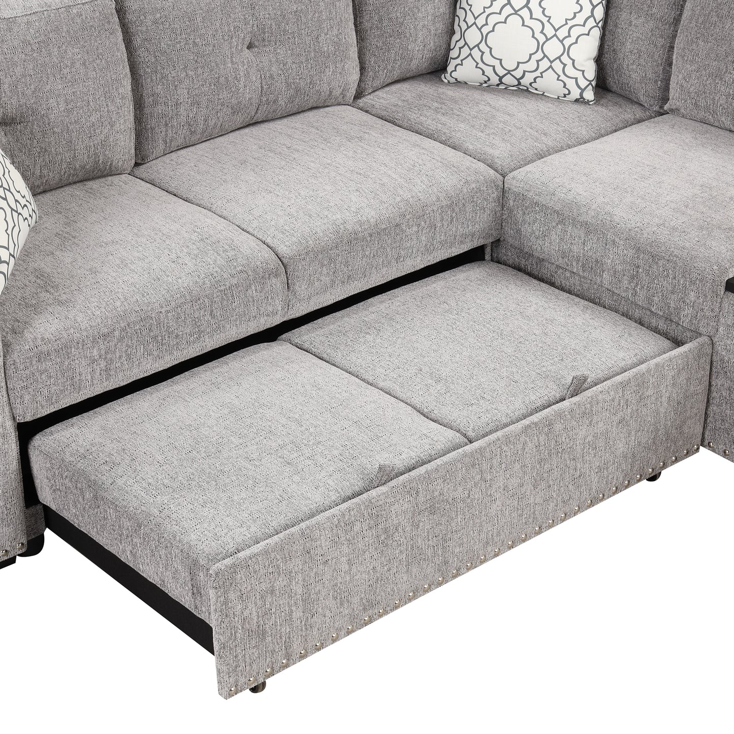 Convertible L-Shaped Sectional Sleeper Sofa with Storage Chaise and Charging Ports in Light Gray