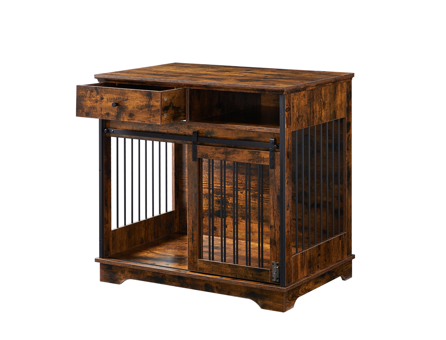 Sliding door dog crate with drawers. Rustic Brown, 35.43'' W x 23.62'' D x 33.46'' H