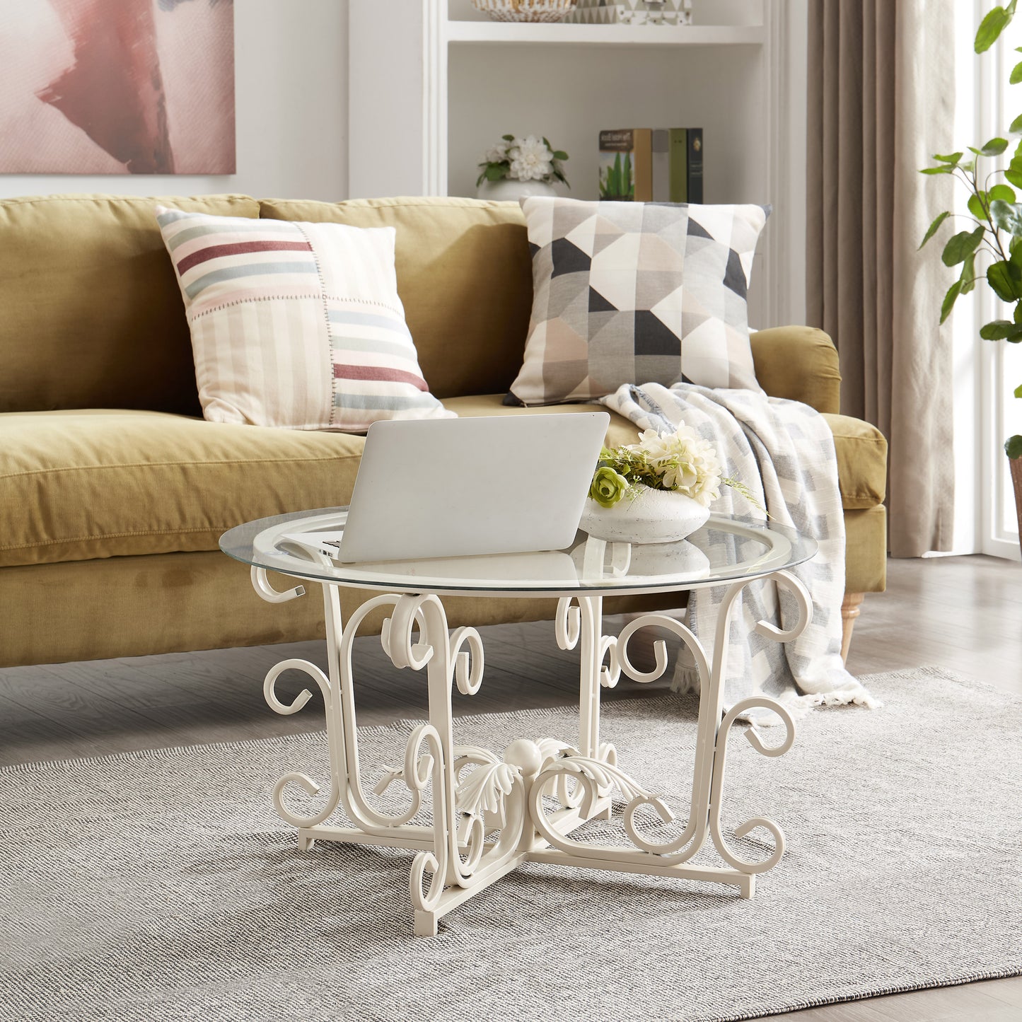 Elegant Glass Coffee Table with Leaf-Shaped Iron Base and Tempered Glass Top for Leisure Spaces (White)