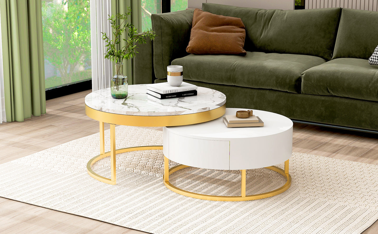 Contemporary White and Gold Nesting Coffee Table with Storage Drawers