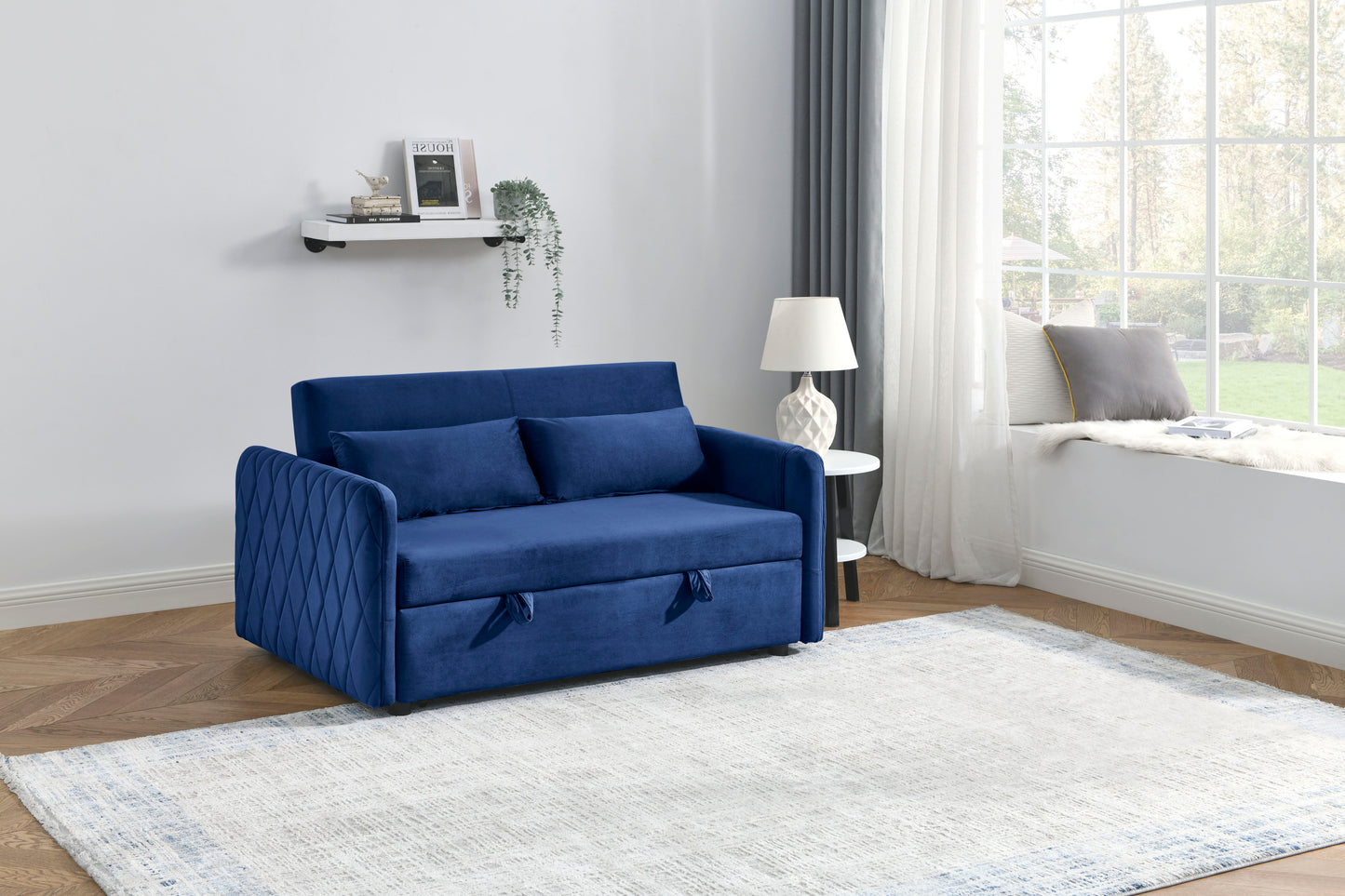 55 Convertible Velvet Sofa Bed with Adjustable Backrest and Storage Pockets