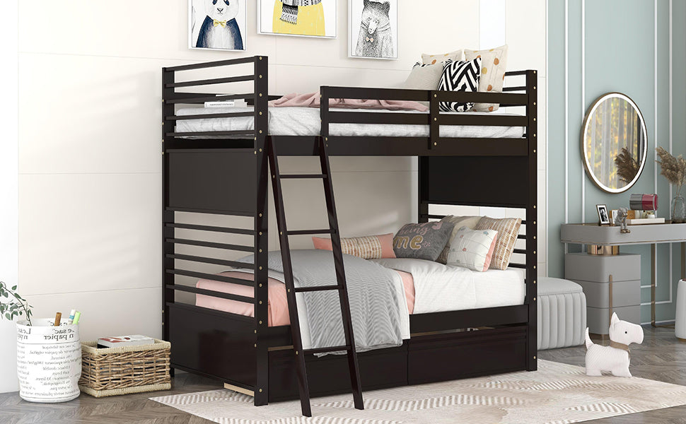 Espresso Twin Bunk Bed with Storage Drawers for Space Optimization