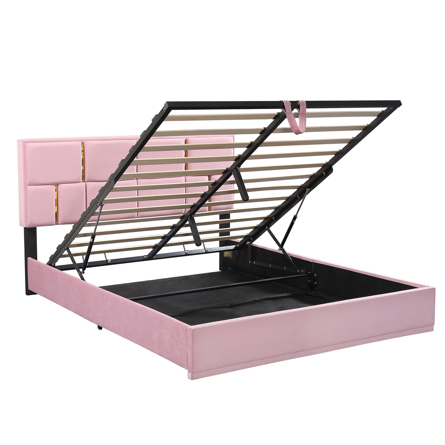 Queen Size Upholstered Platform Bed with Hydraulic Storage System,No Box Spring Needed,Pink