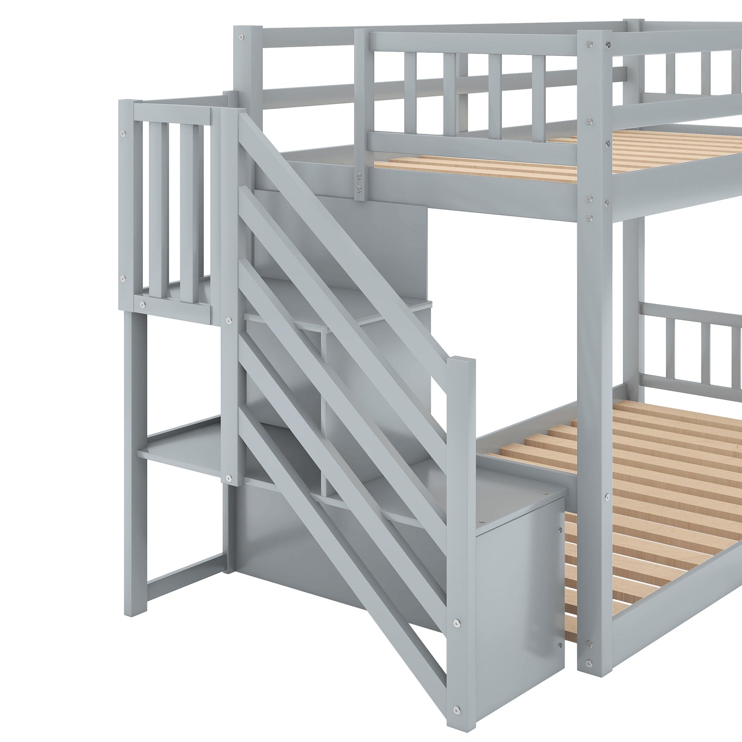 Gray Twin Bunk Bed with Built-in Storage Ladder for Kids