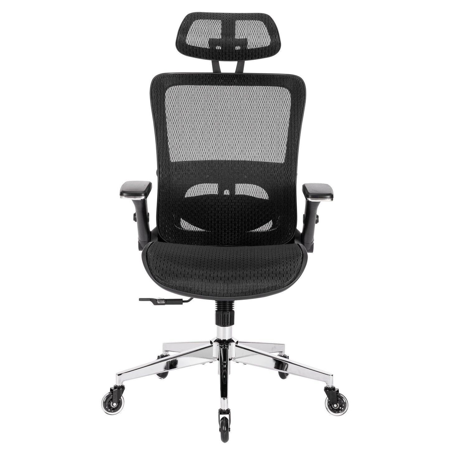 BLACK Ergonomic Mesh Office Chair, High Back - Adjustable Headrest with Flip-Up Arms, Tilt and lock Function, Lumbar Support and blade Wheels, KD chrome metal legs