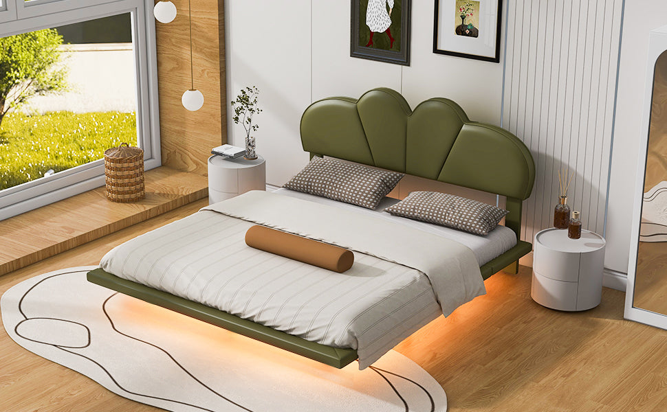 Full Size Upholstery LED Floating Bed with PU Leather Headboard and Support Legs,Green