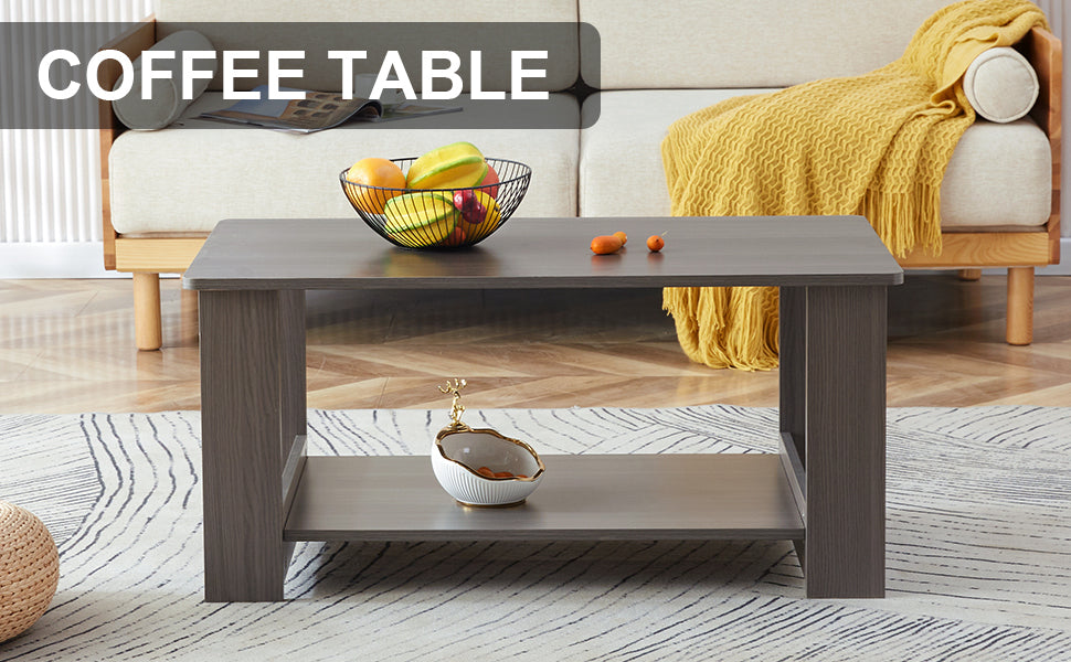 Elegant Gray Wood Grain Double Layered Rectangular Coffee Table, Perfect for Any Room