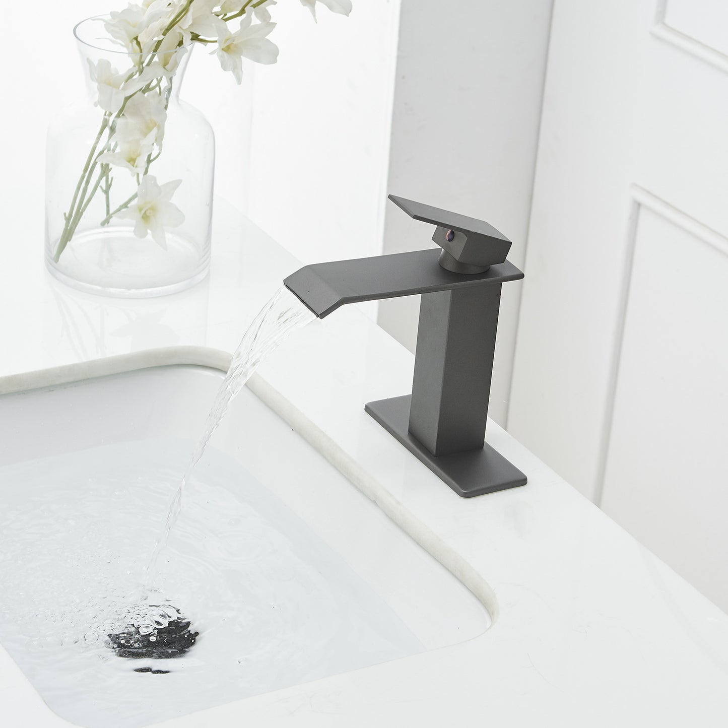 Matte Gray Waterfall Bathroom Faucet with Single Handle