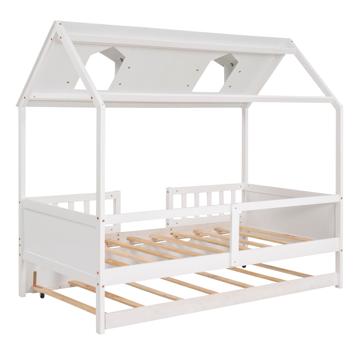 Twin Size House Bed Wood Bed with Twin Size Trundle ( White )