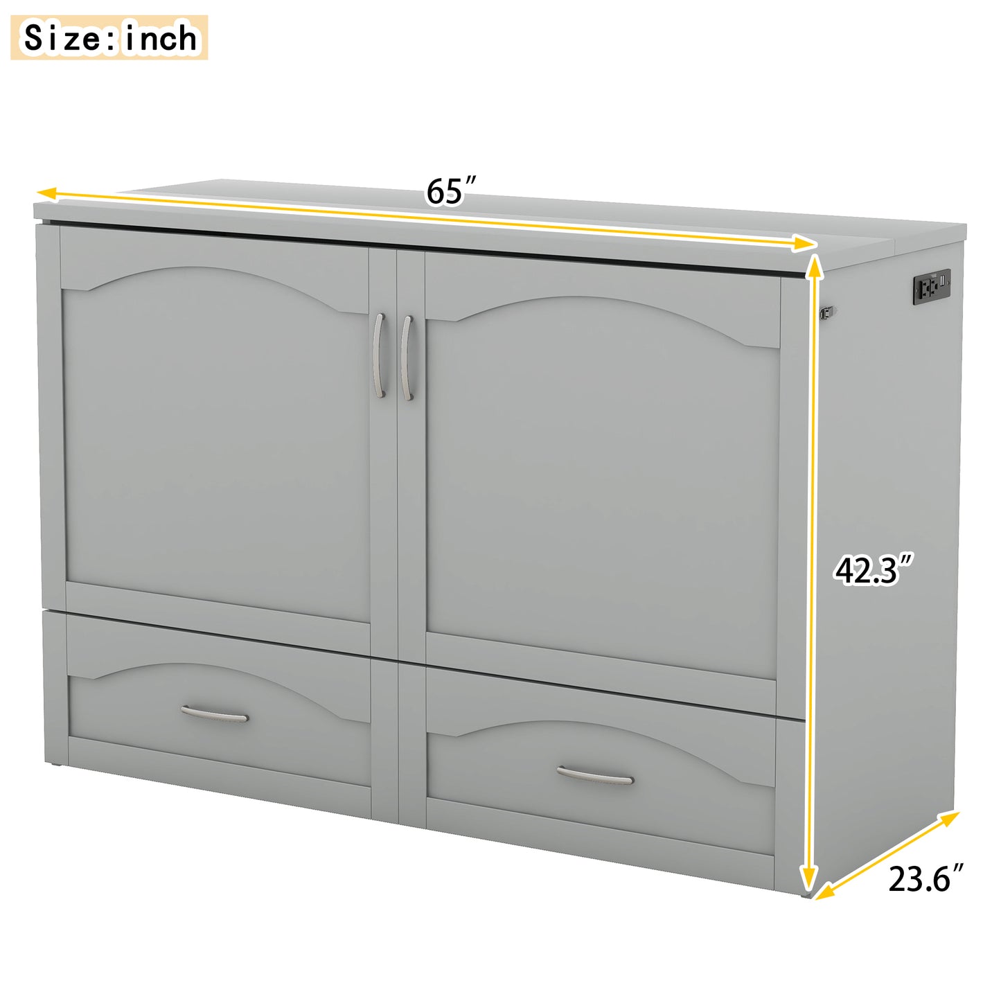 Queen Size Murphy Bed Wall Bed with drawer and a set of Sockets & USB Ports, Pulley Structure Design, Gray