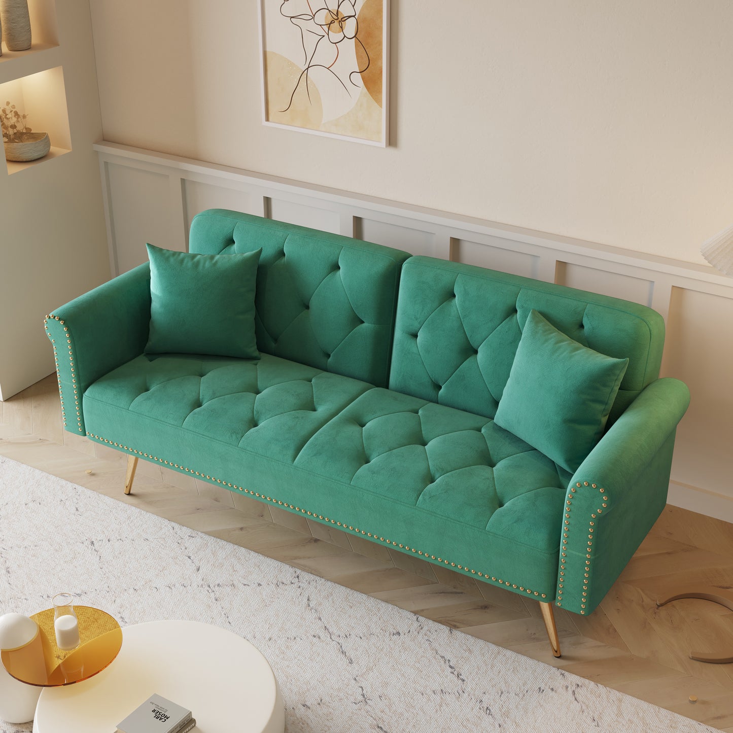 69.7 Green Velvet Sofa Bed with Nail Head Trim and Throw Pillow