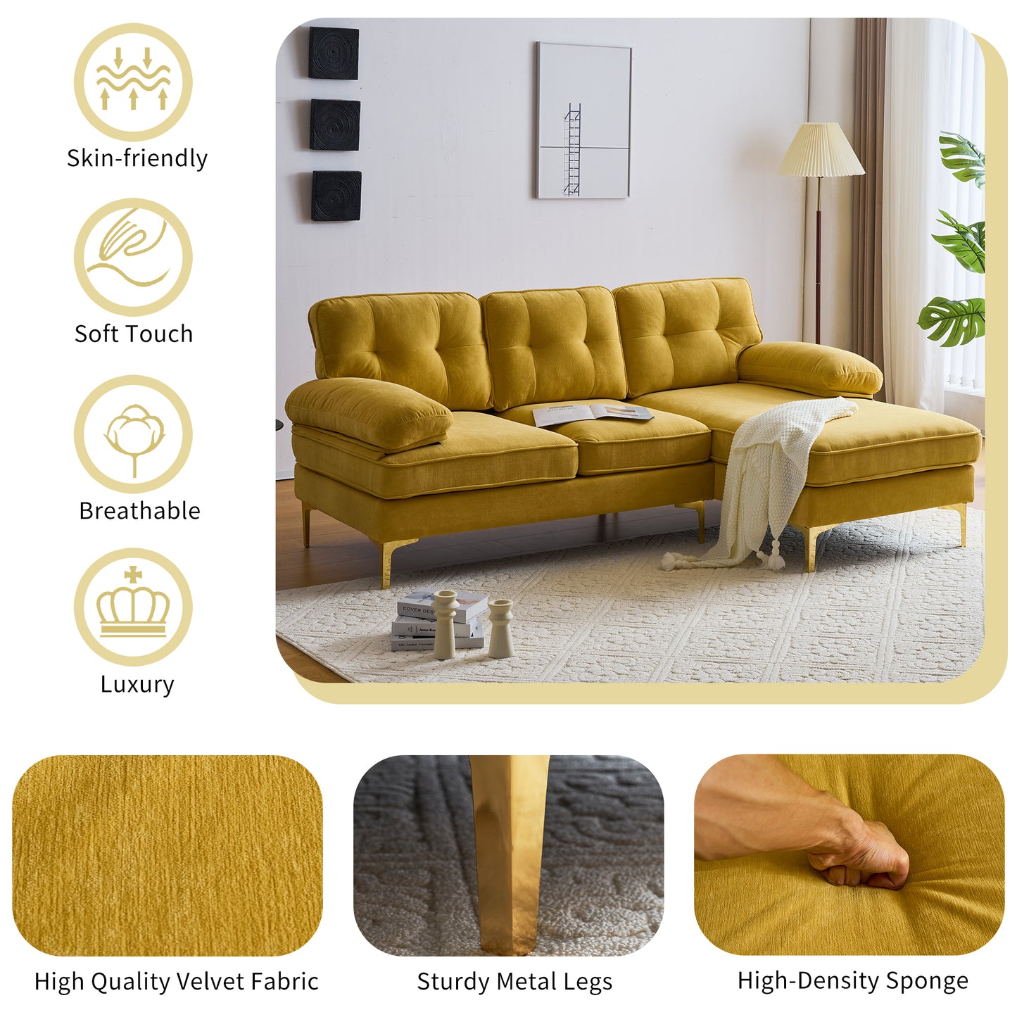 Modern Yellow Velvet L-Shaped Sectional Sofa for Living Room or Bedroom