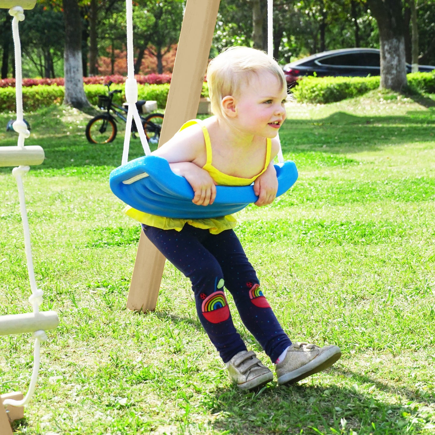 Wooden Swing Set with Slide and Climbing Rope Ladder for Toddler and Kids