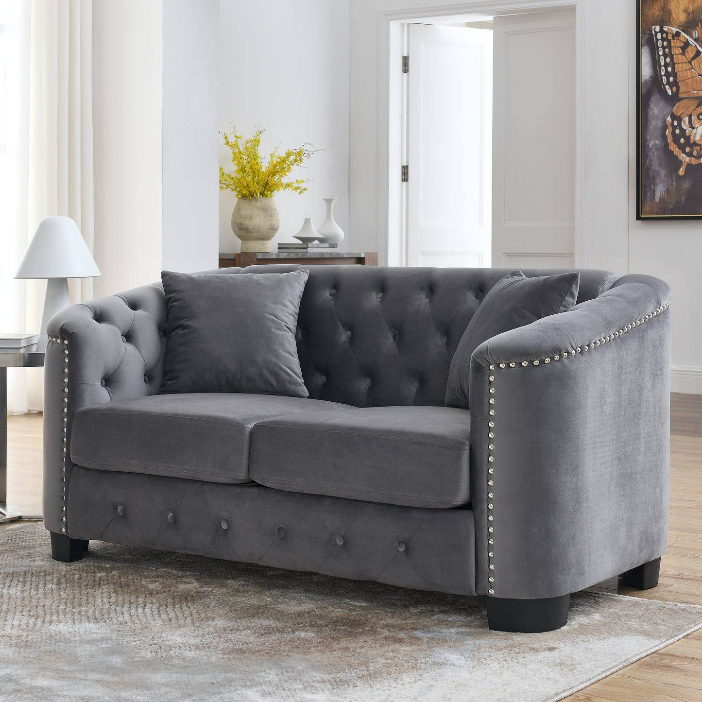 59-Inch Grey Velvet Chesterfield 2-Seater Sofa with Nailhead Arms and 2 Cushions