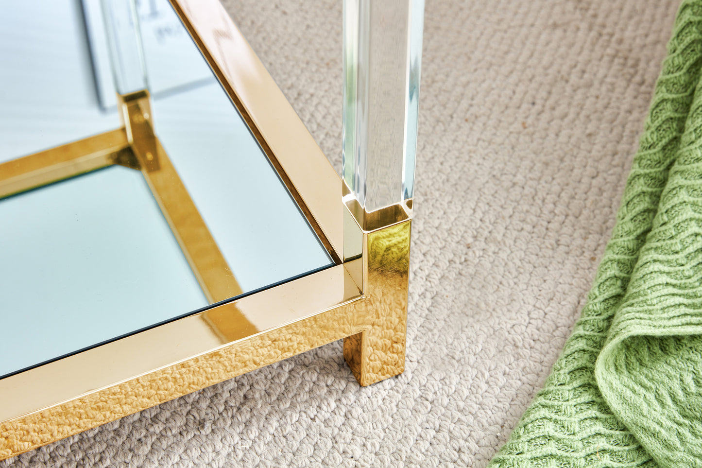 Gold Stainless Steel Coffee Table With Clear Glass Top and Acrylic Frame