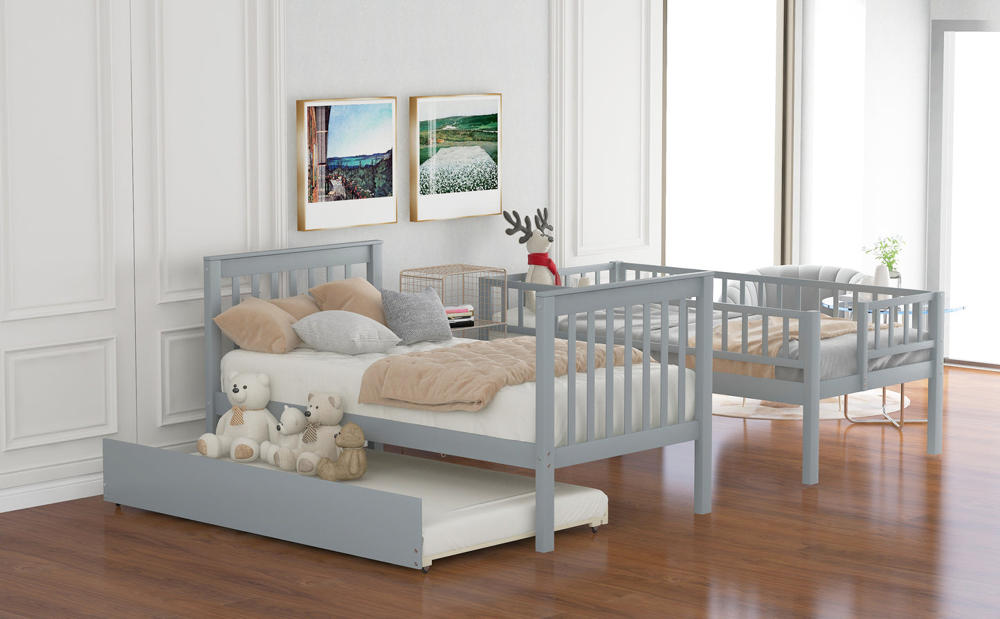 Gray Twin Bunk Bed with Trundle, Storage, and Versatility