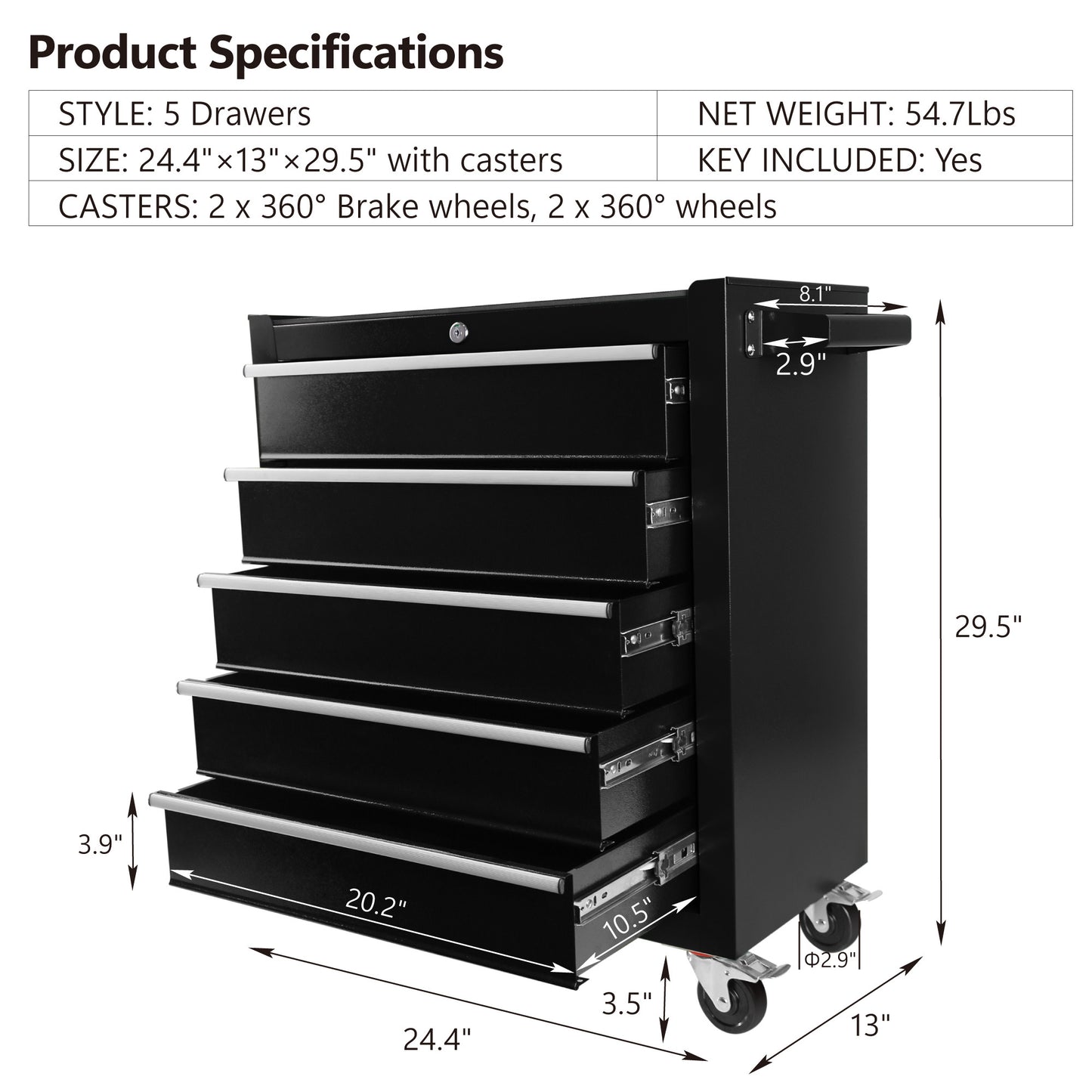 5 Drawers Rolling Tool Chest Cabinet with Wheels, Tool Storage Cabinet and Tool Box Organizer for Garage Warehouse Workshop, Black