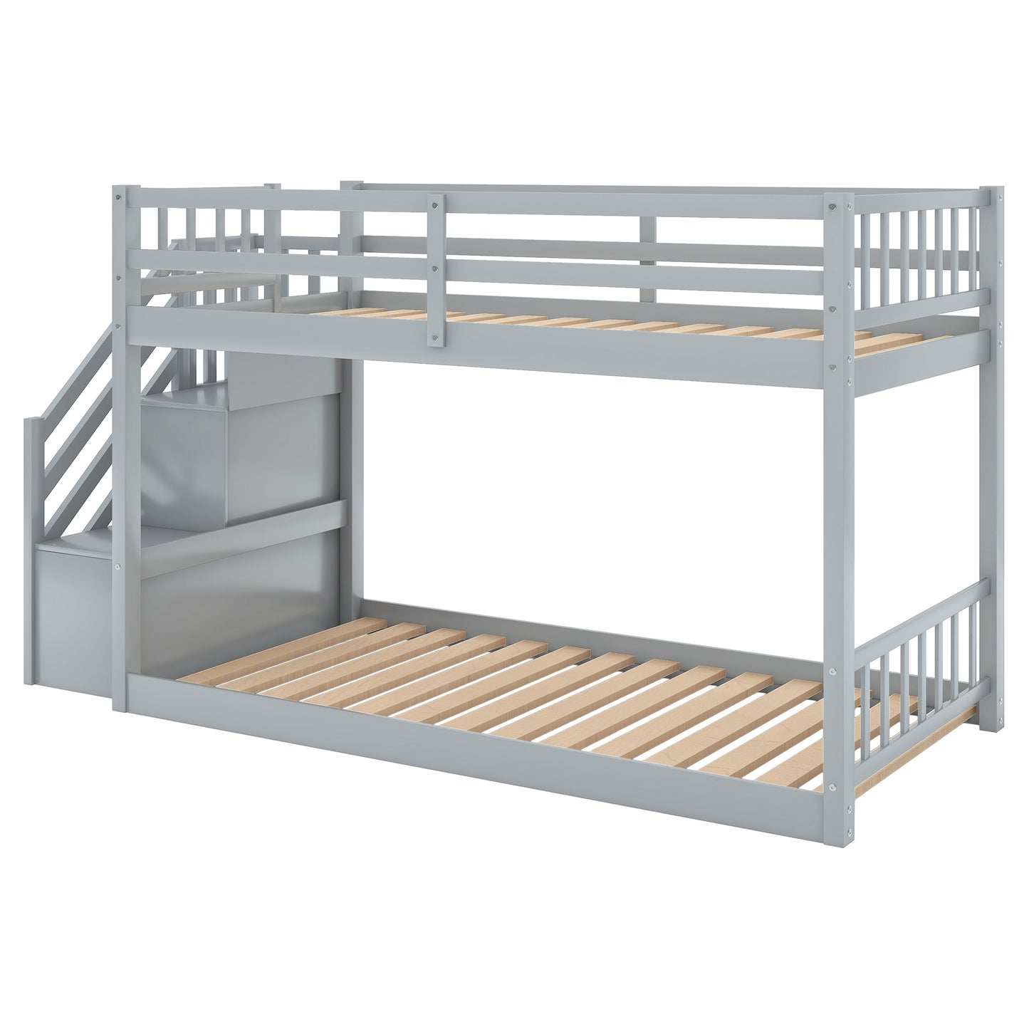 Gray Twin Bunk Bed with Built-in Storage Ladder for Kids